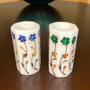 Marble Candle Holders with Semi Precious Stone Inlay